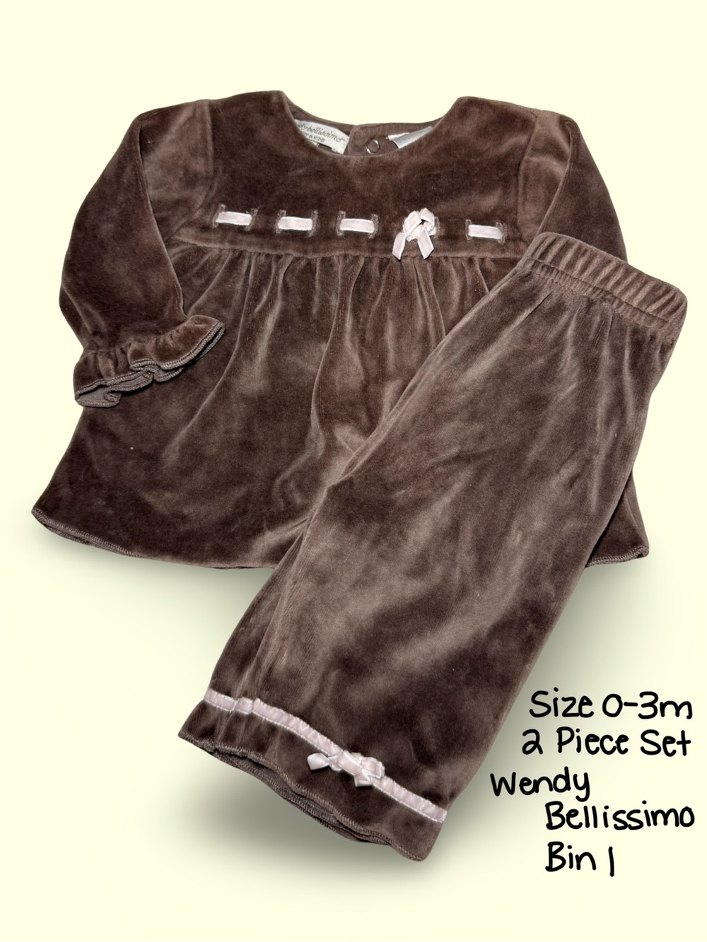 Wendy Bellissimo Brown Velvet Pajama Set with Pink Ribbon Trim